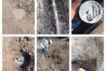 Tanque de agua, trabajo de excavación, medición de agua, reparación de tubería, instalando conexiones, inspección de infraestructura hidráulica.