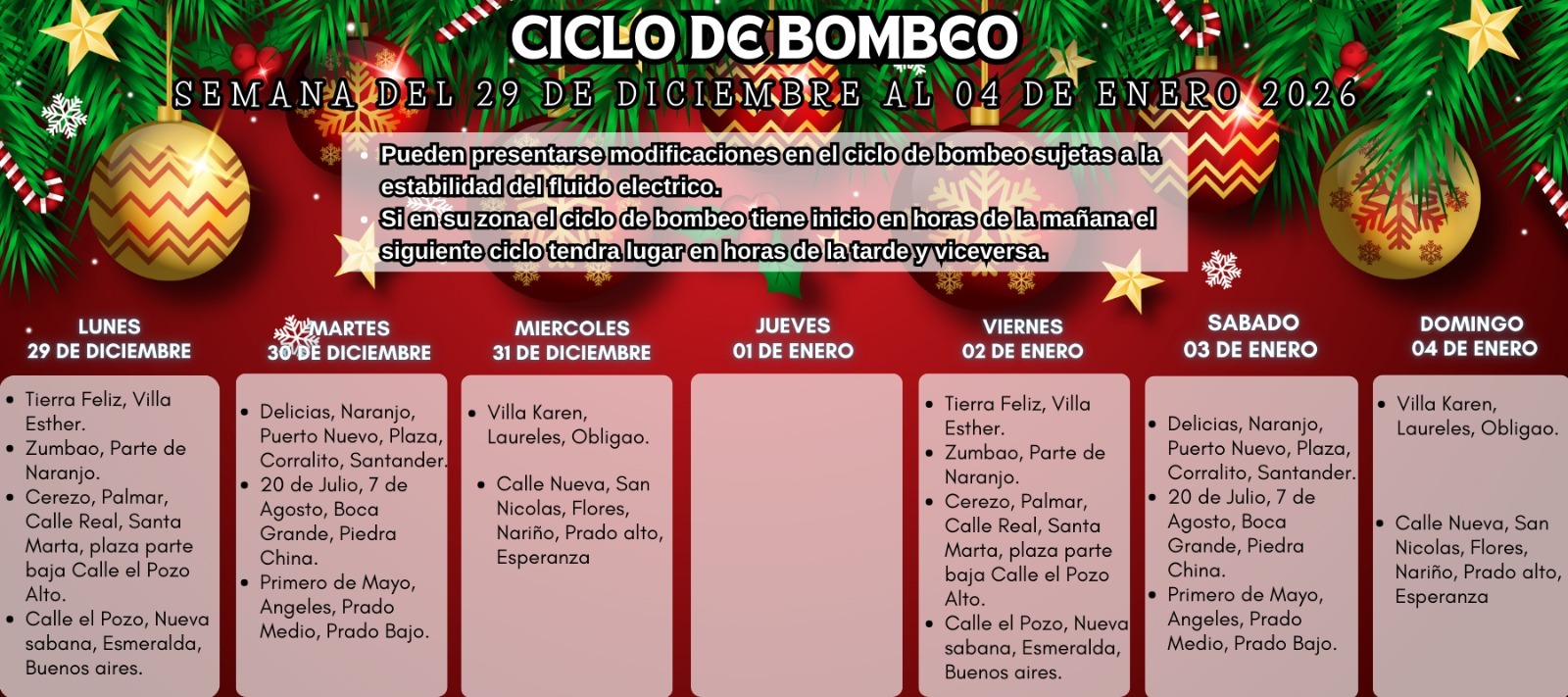 Programación del Ciclo de Bombeo: Semana del 29 de diciembre al 04 de enero Programación del Ciclo de Bombeo: Semana del 29 de diciembre al 04 de enero