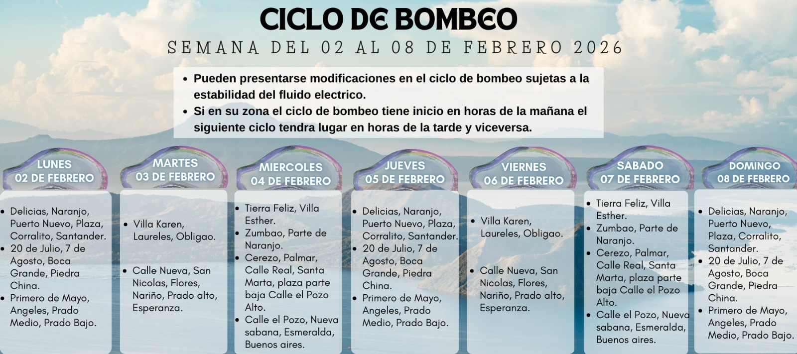 Programación del Ciclo de bombeo 02 al 08 de Febrero Programación del Ciclo de bombeo 02 al 08 de Febrero