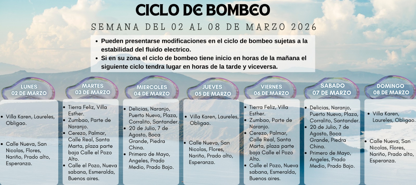 Programación Semanal: Ciclo de Bombeo (02 al 08 de Marzo) Programación Semanal: Ciclo de Bombeo (02 al 08 de Marzo)