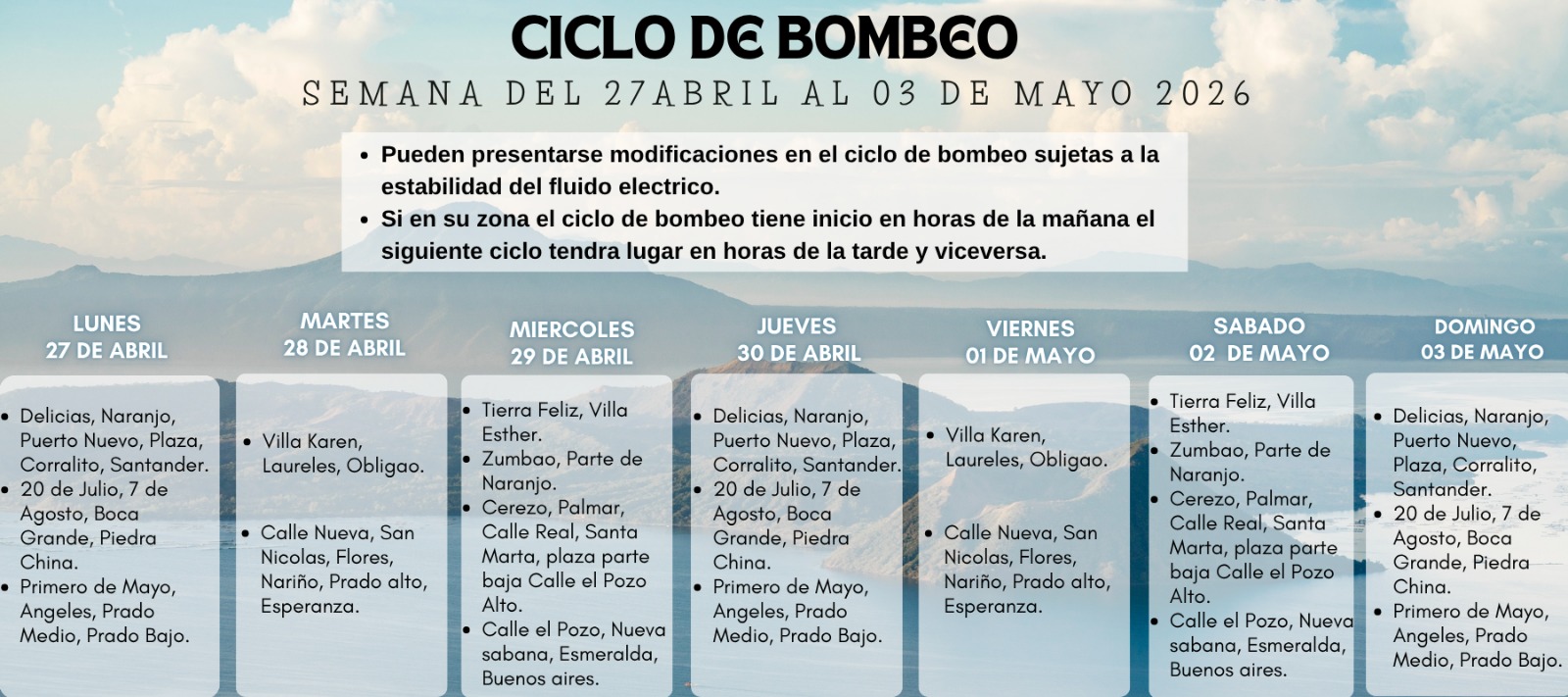 Cronograma de agua: Programación del 27 de abril al 03 de mayo Cronograma de agua: Programación del 27 de abril al 03 de mayo