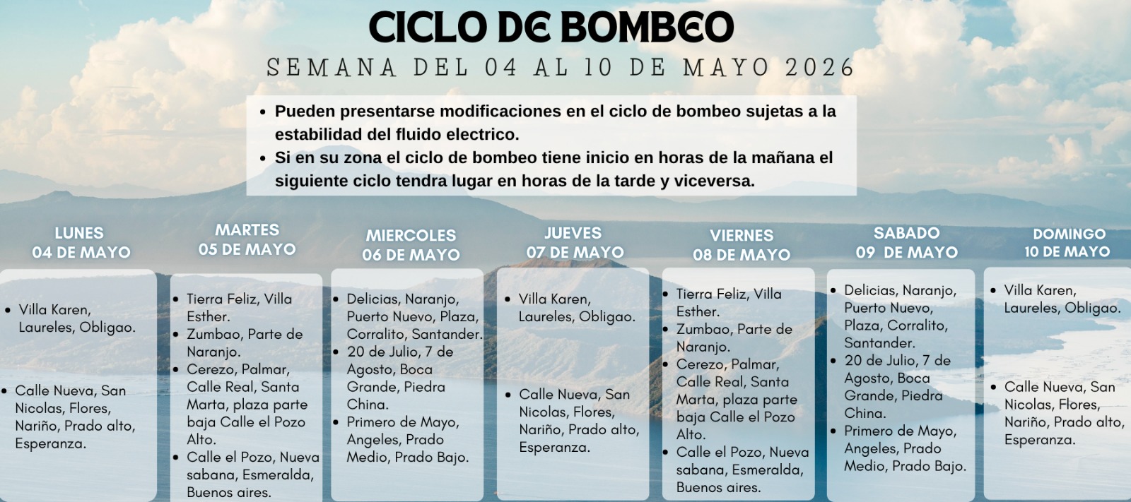 Cronograma de agua: Programación del 27 de abril al 03 de mayo Cronograma de agua: Programación del 27 de abril al 03 de mayo
